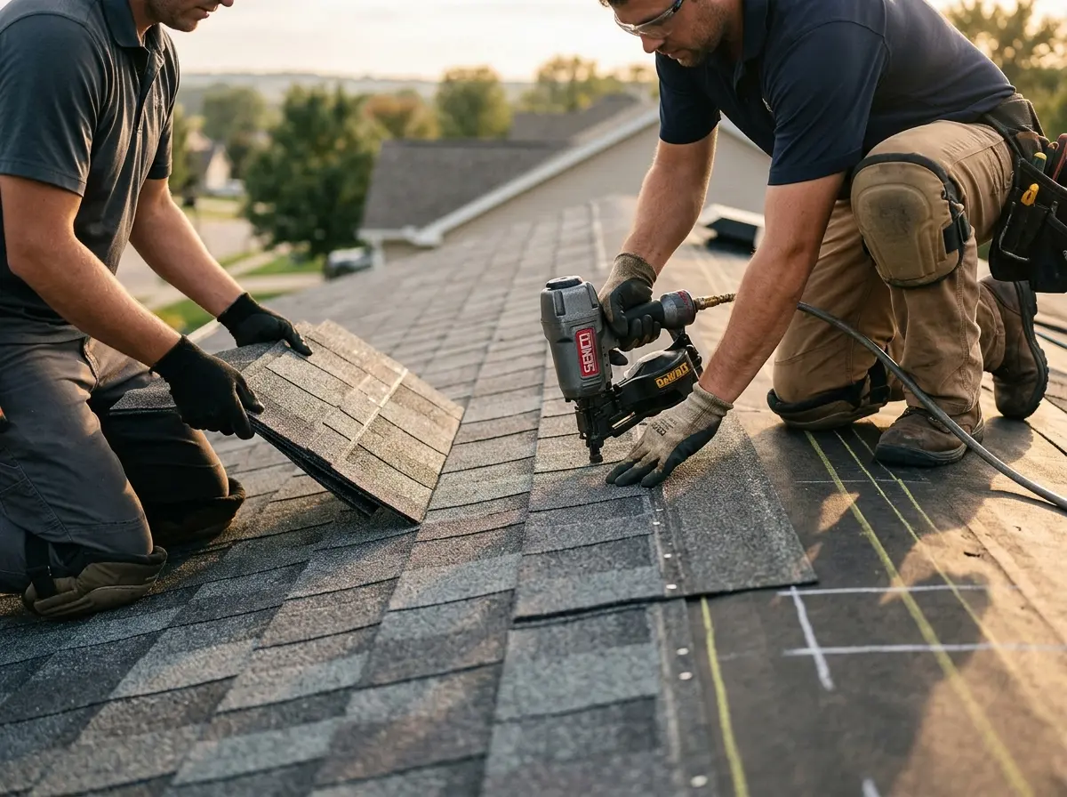 Professional roofer working on a residential roof in Colby